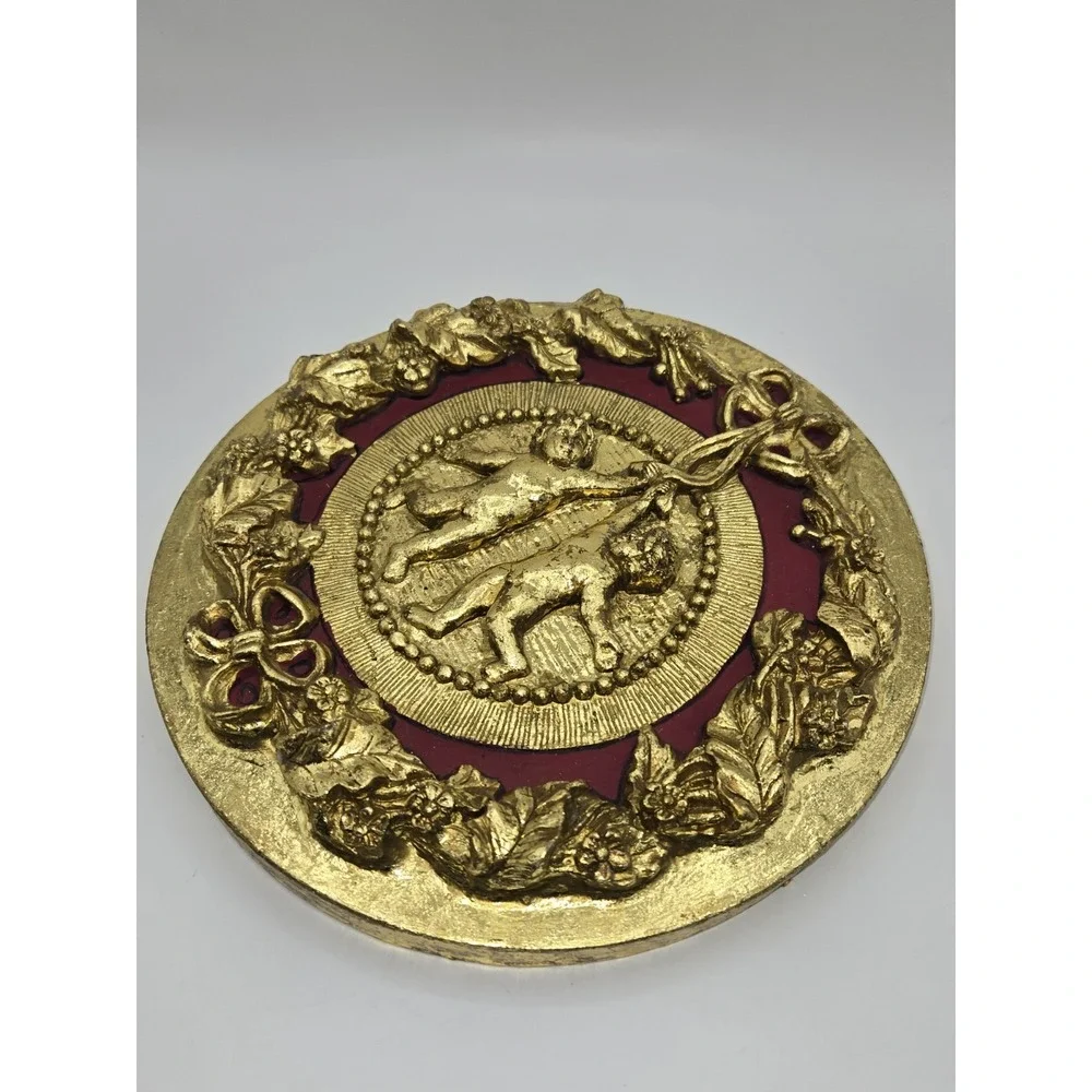 Vintage Cherub Wall Art Gold Gilt Plastic Florentine Style Relief Plaque Decor